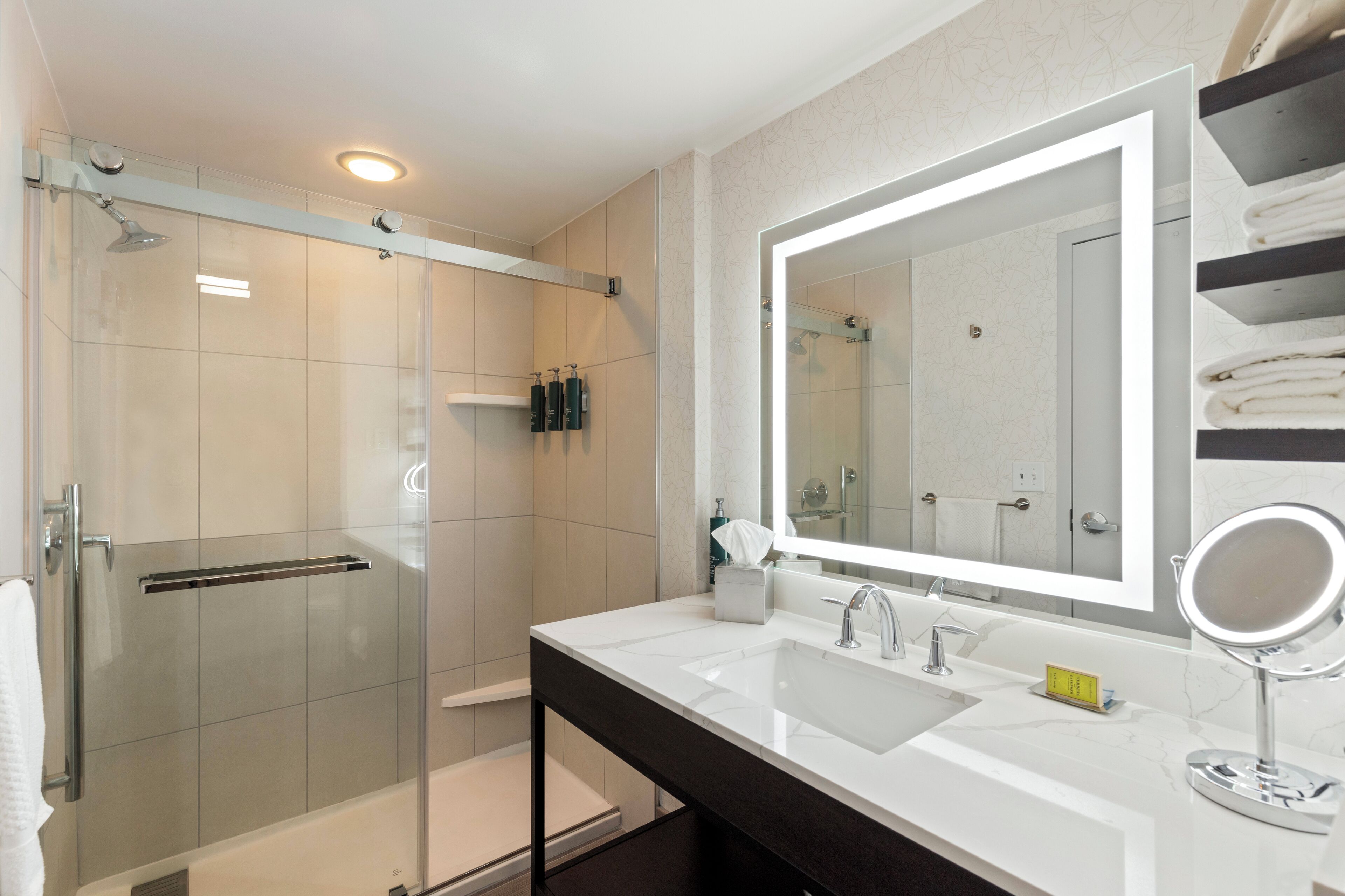 combined shower/bathtub, free toiletries, hair dryer, towels