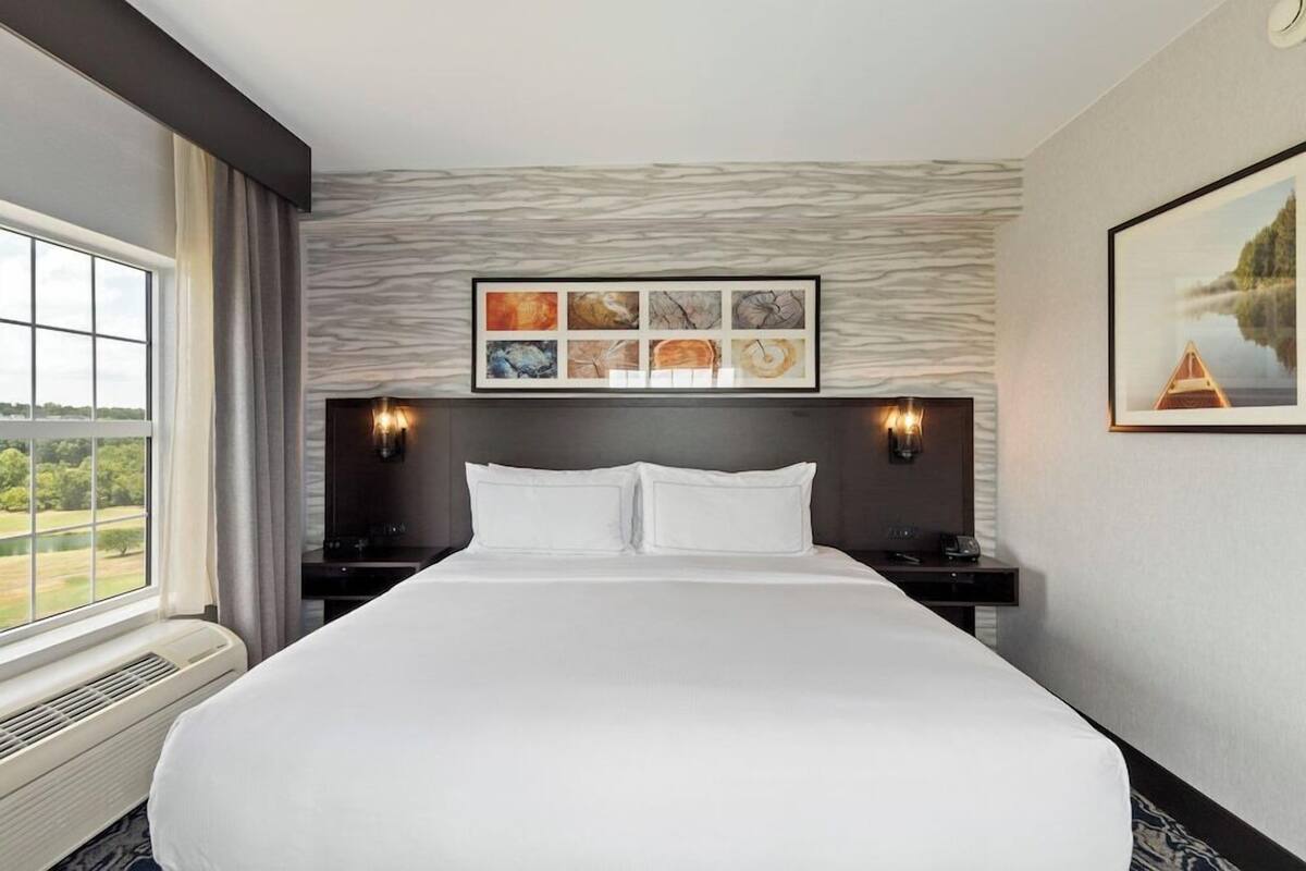 A hotel room with a large bed, two bedside tables, a wall-mounted artwork, and a window with a view of greenery.