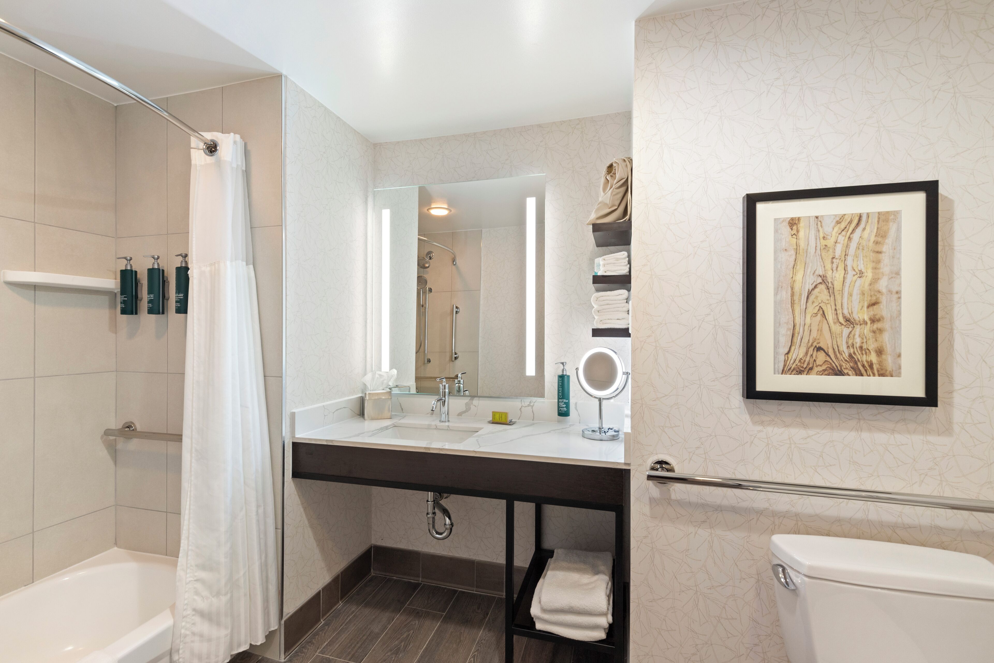 A modern bathroom with a shower, a sink with a vanity mirror, and a toilet.