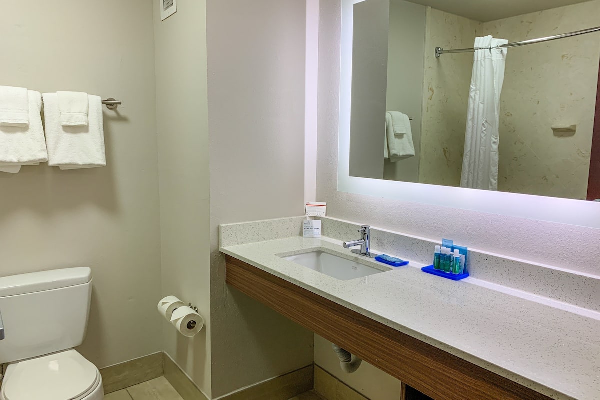 designer toiletries, hair dryer, towels