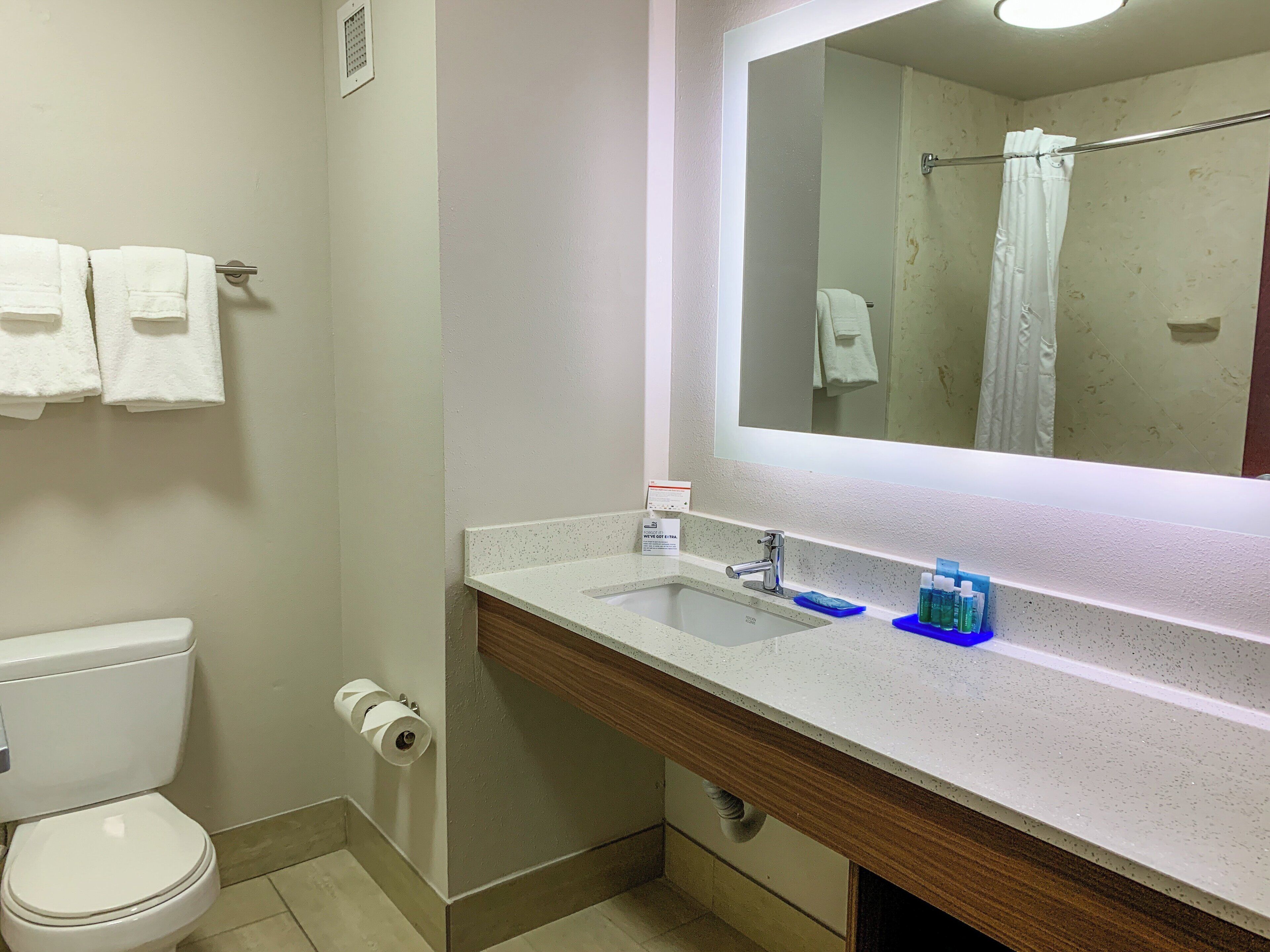 A bathroom with a toilet, a sink with a mirror, and a shower curtain.