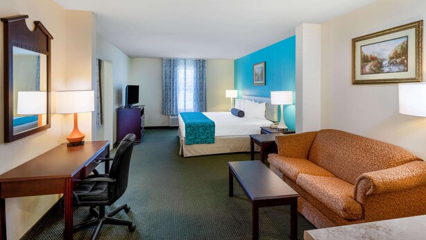 Una habitación de hotel con cama, escritorio, silla, sofá y televisor.
