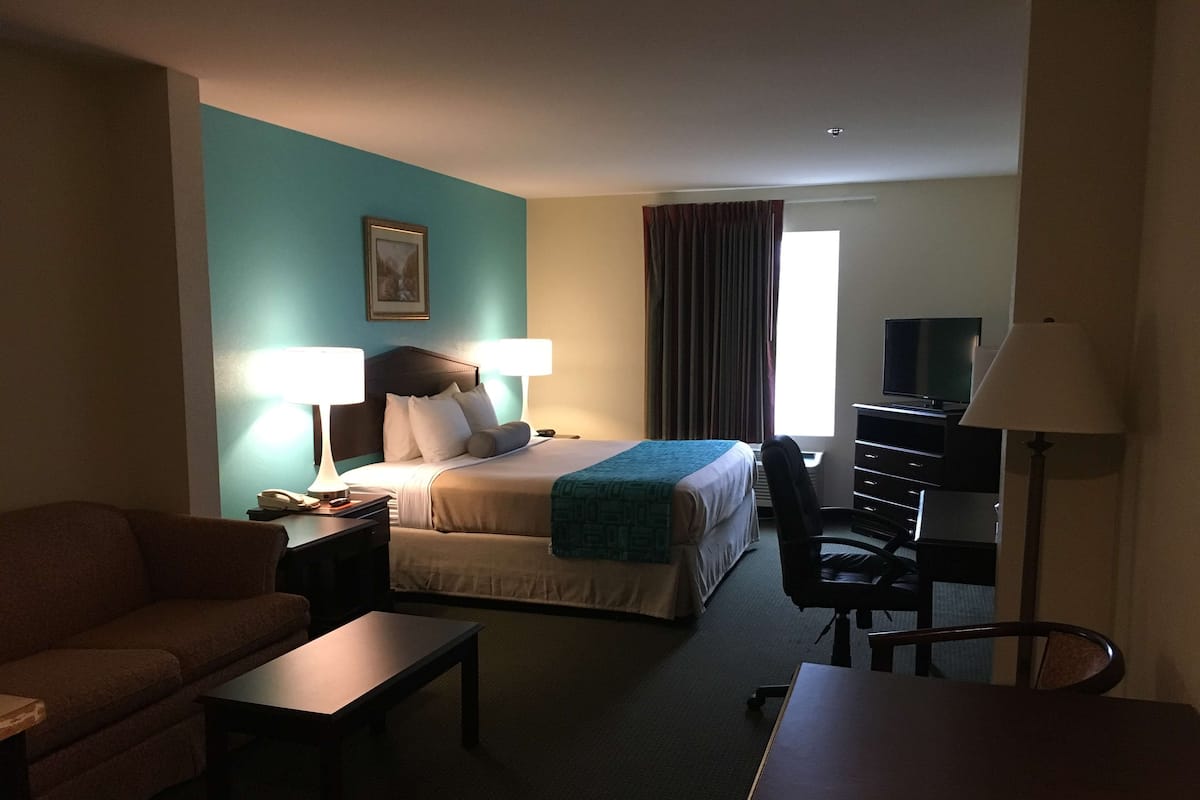 A hotel room with a bed, a desk, a chair, a sofa, and a TV.