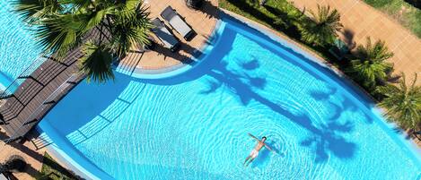 Vista aérea de una piscina con una persona nadando, rodeada de palmeras y sillas de descanso.