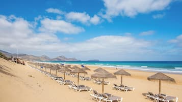 On the beach, sun-loungers, beach umbrellas, beach bar