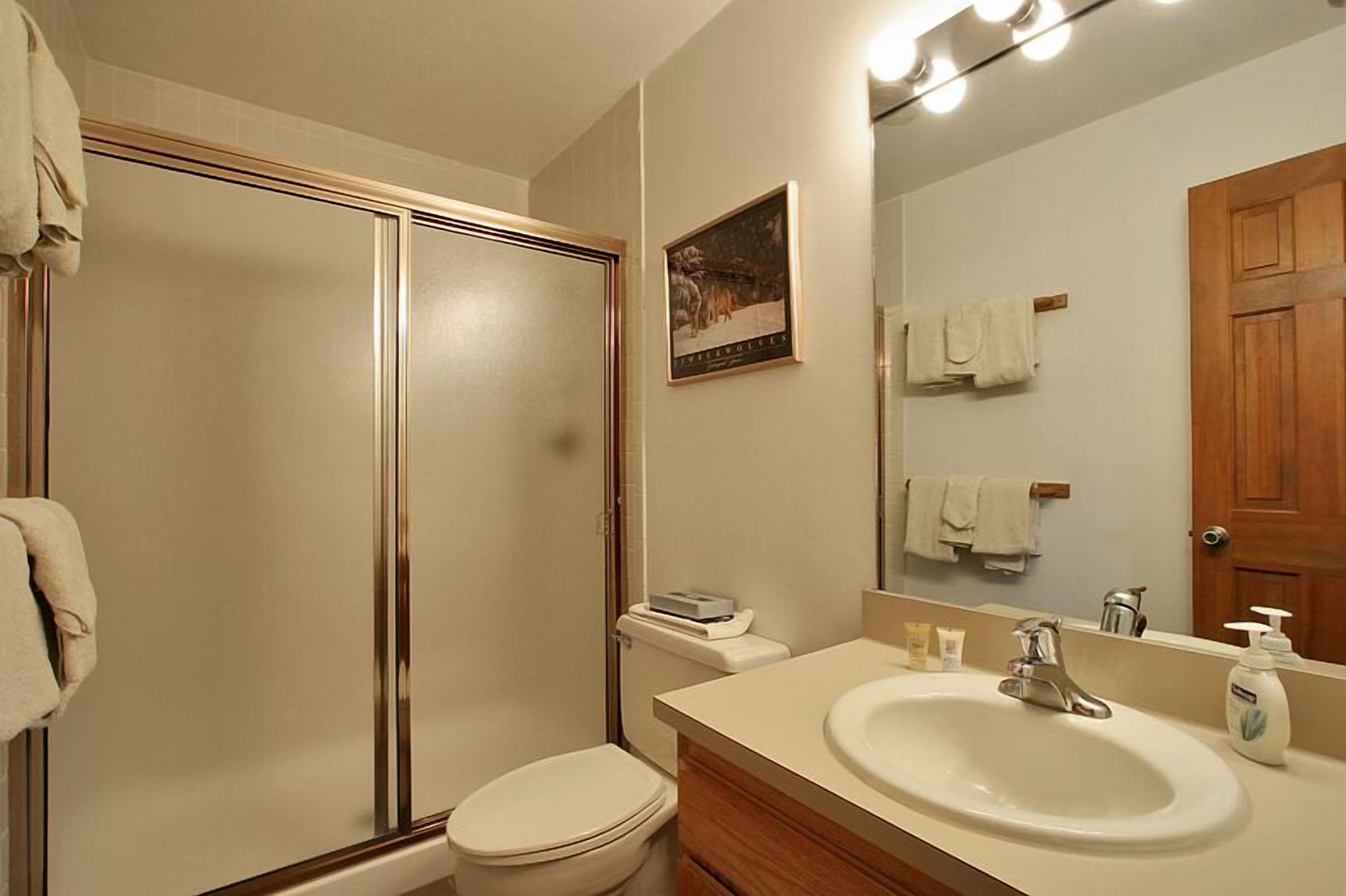 A bathroom with a shower, toilet, sink, and a mirror.