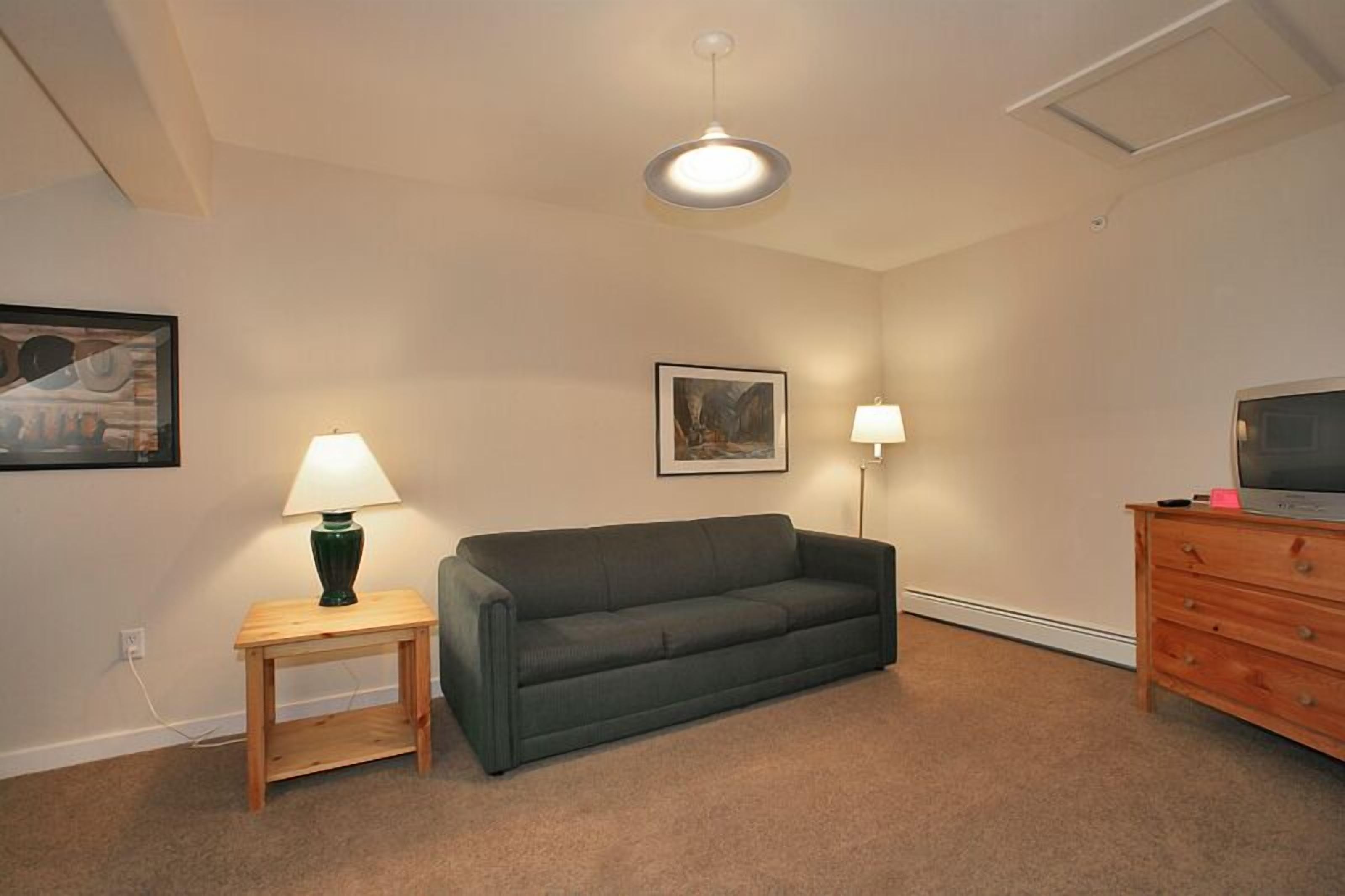 A living room with a dark green sofa, a wooden side table with a lamp, a wooden dresser, and a ceiling light fixture.