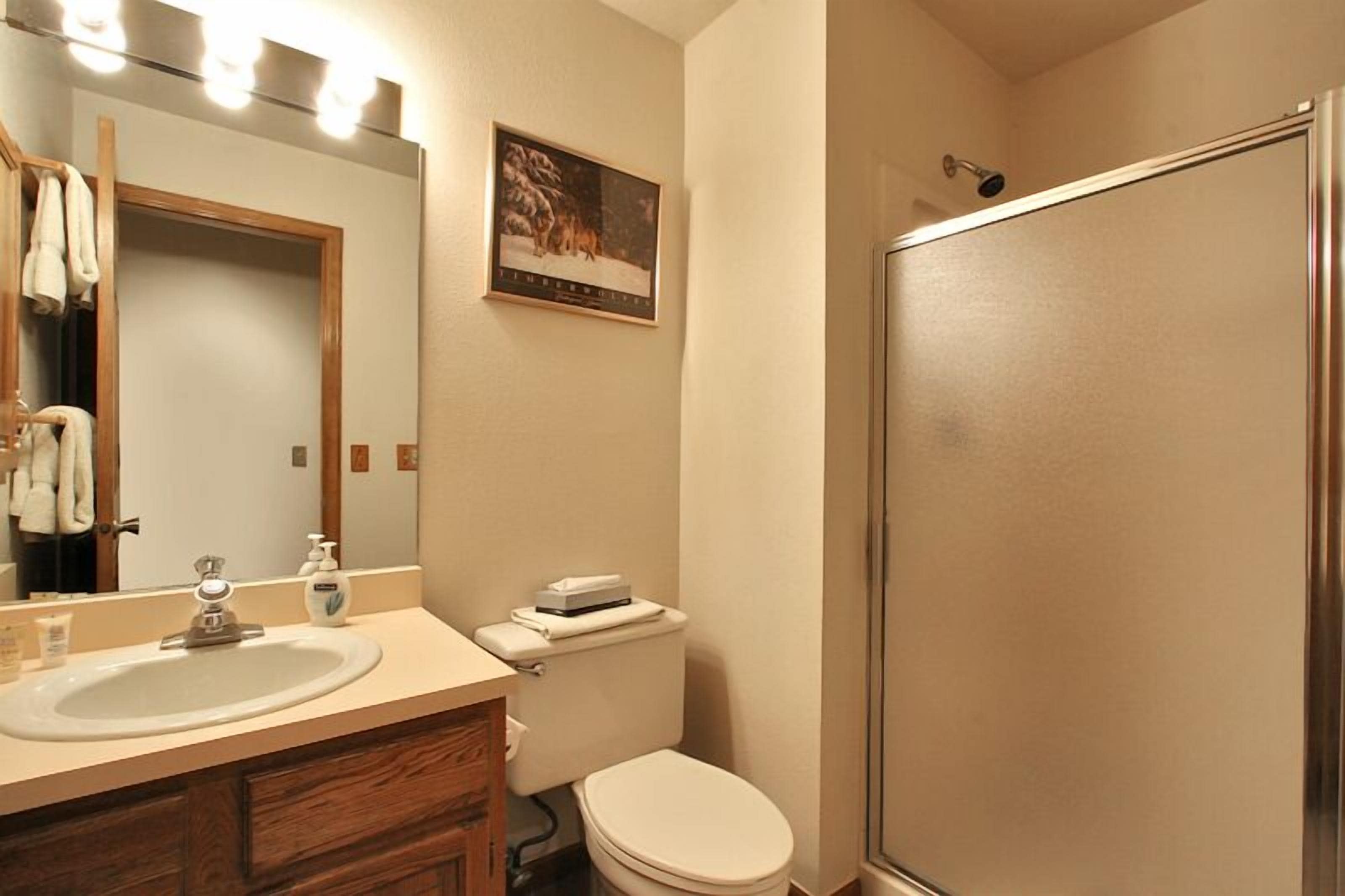 A bathroom with a sink, mirror, toilet, and shower.
