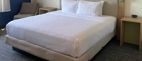 Habitación de hotel con una cama grande, una silla, una mesita de noche, una lámpara y un cuadro en la pared.