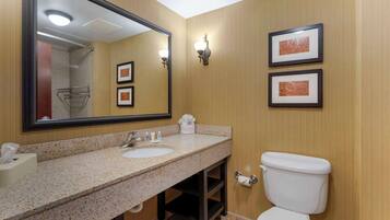 A bathroom with a granite countertop sink, a large mirror, two framed pictures on the wall, and a white toilet.