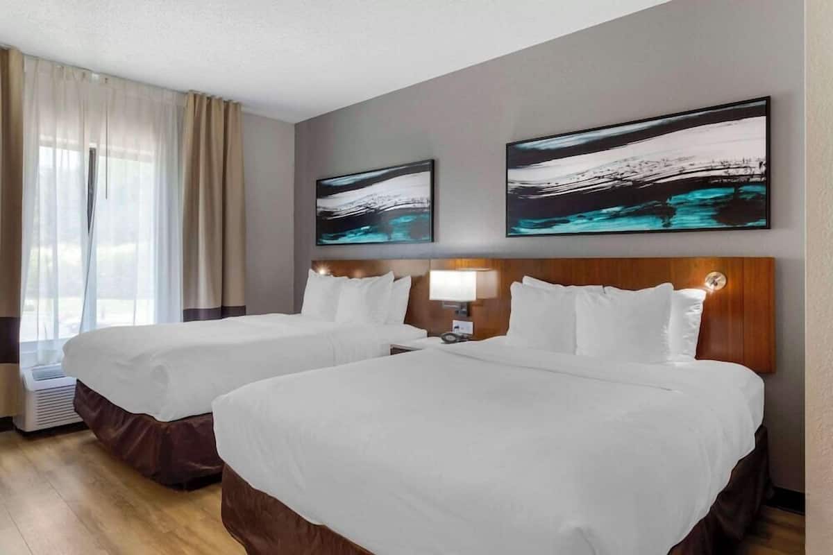 A hotel room with two beds, a large window with curtains, and two abstract paintings on the wall.