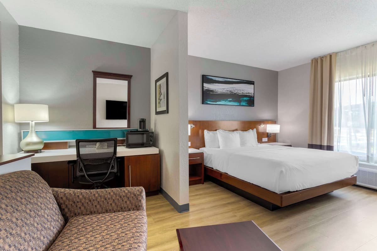 A hotel room with a bed, a desk with a computer, a chair, and a couch.