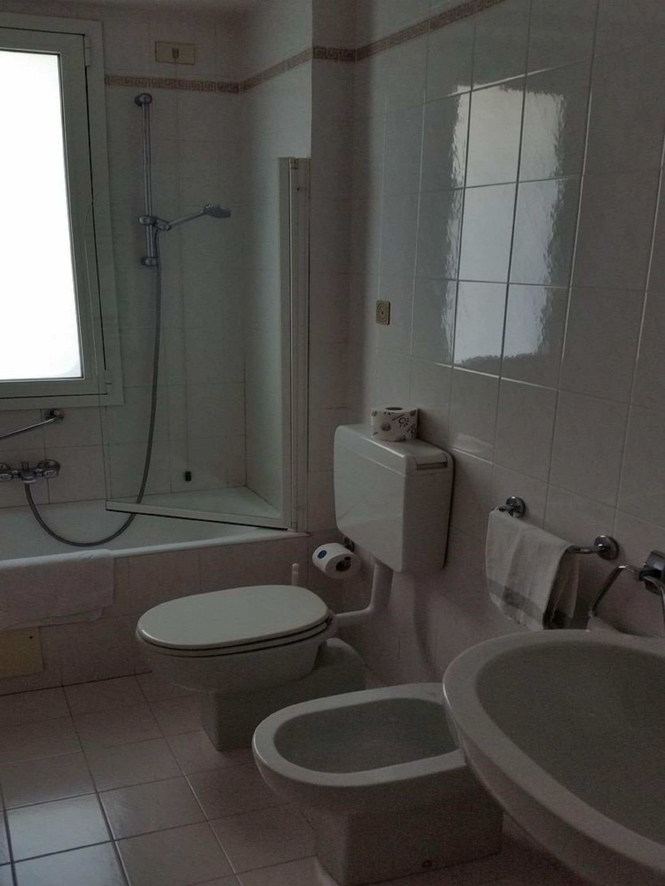 hair dryer, bidet, towels