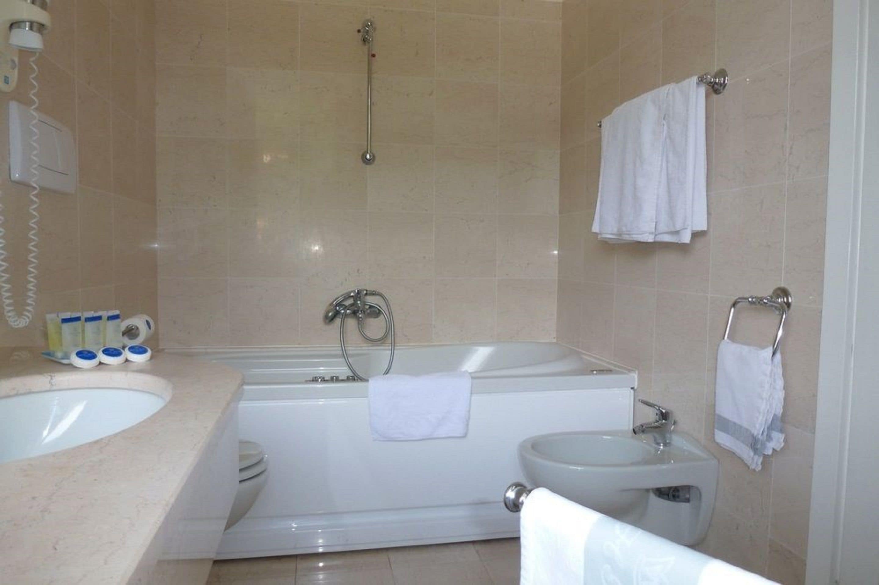 hair dryer, bidet, towels