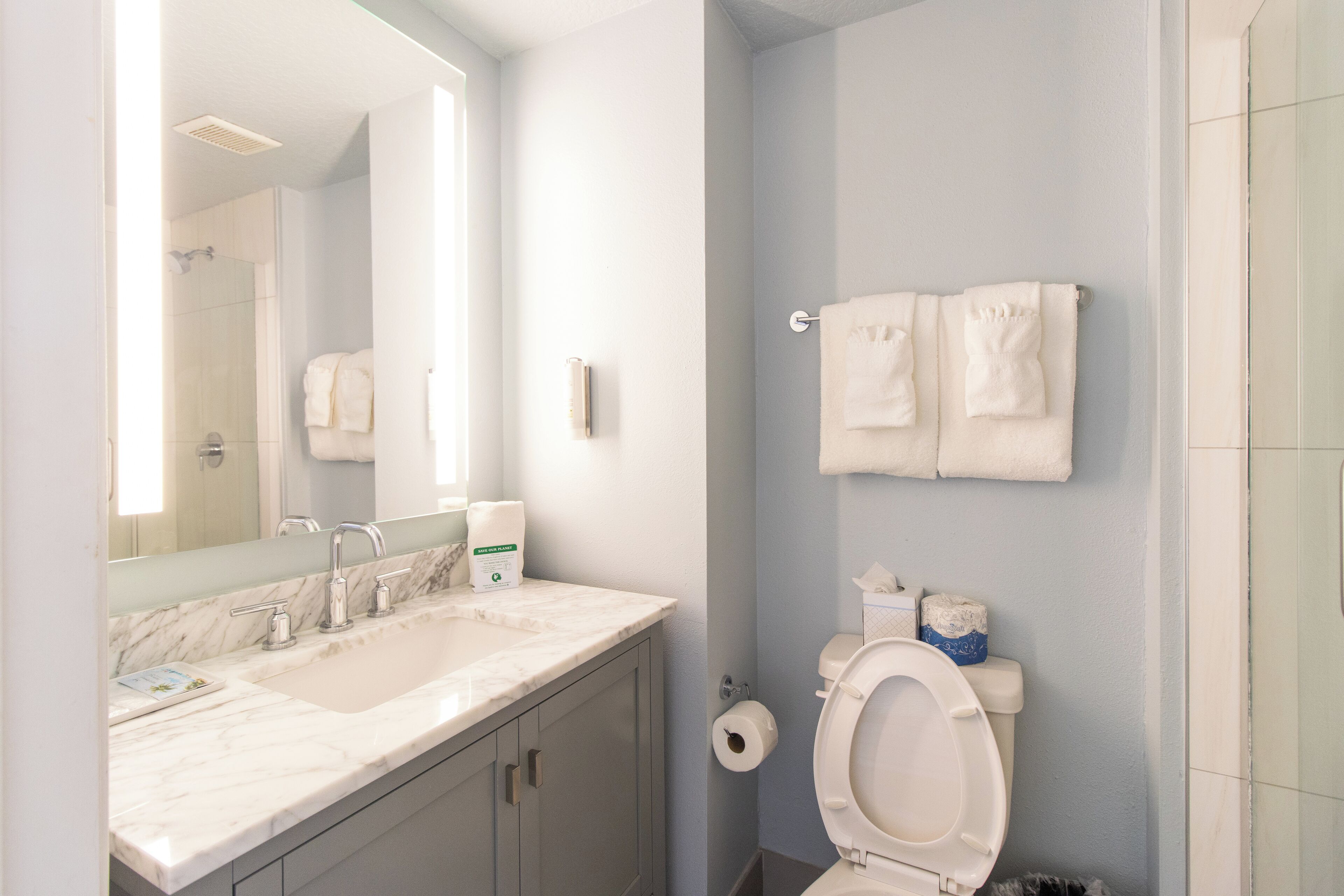 eco-friendly toiletries, hair dryer, towels, soap