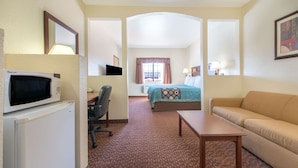 A hotel room with a bed, a sofa, a desk, a chair, a microwave, and a television.