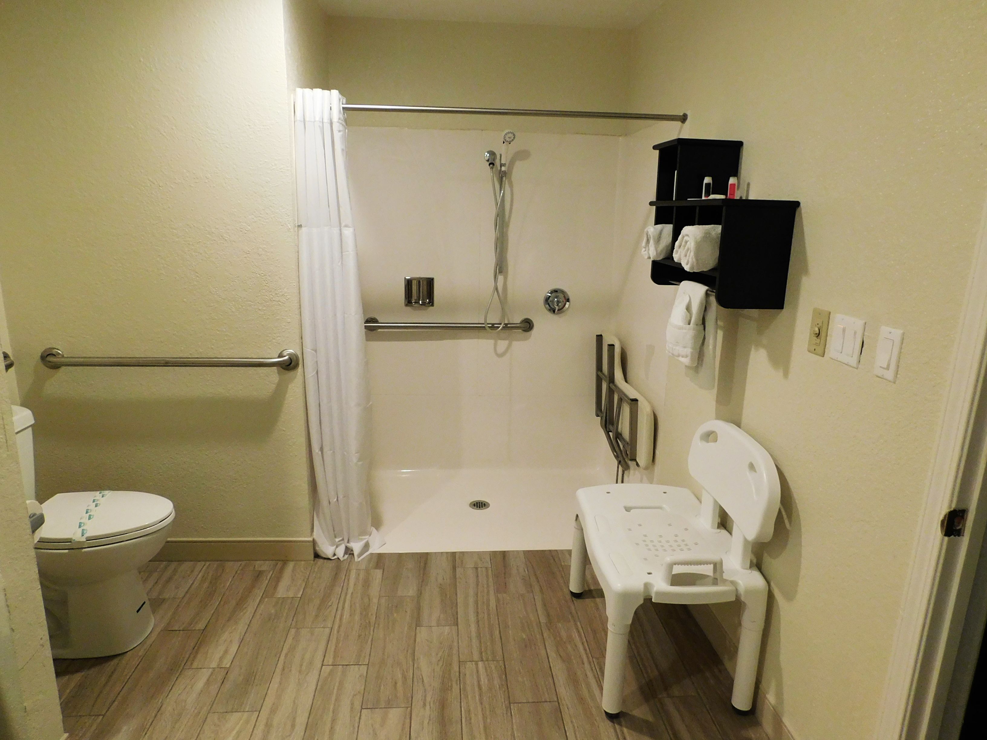 A bathroom with a shower, toilet, and a wheelchair-accessible bench.