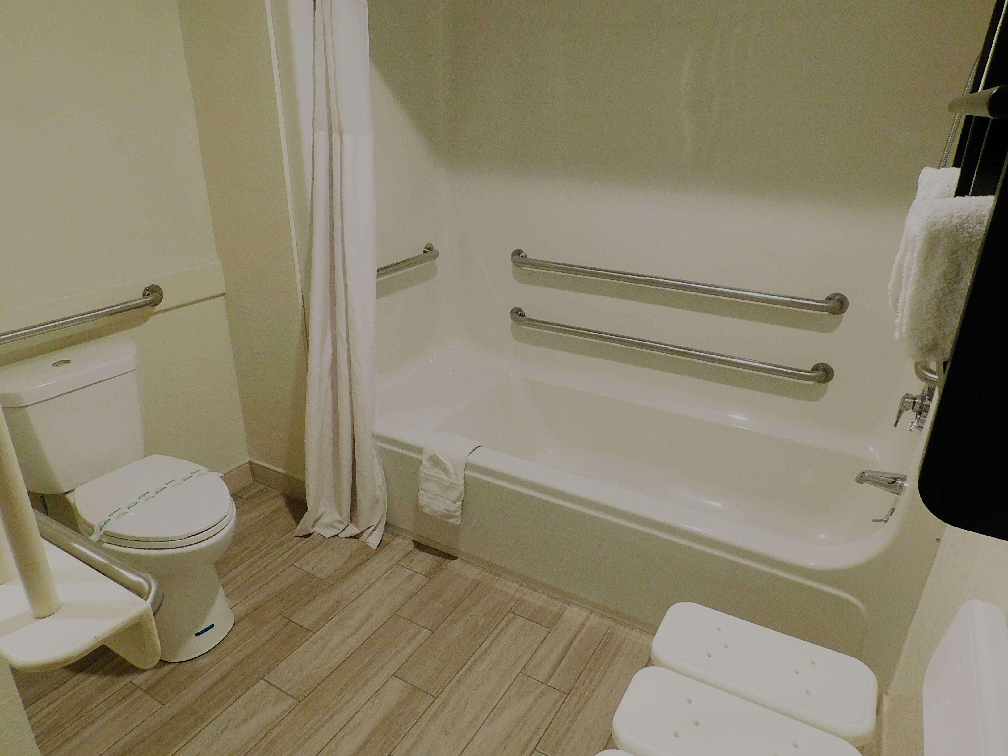 Une salle de bain équipée de toilettes, d’une baignoire avec des barres d’appui et d’un rideau de douche.