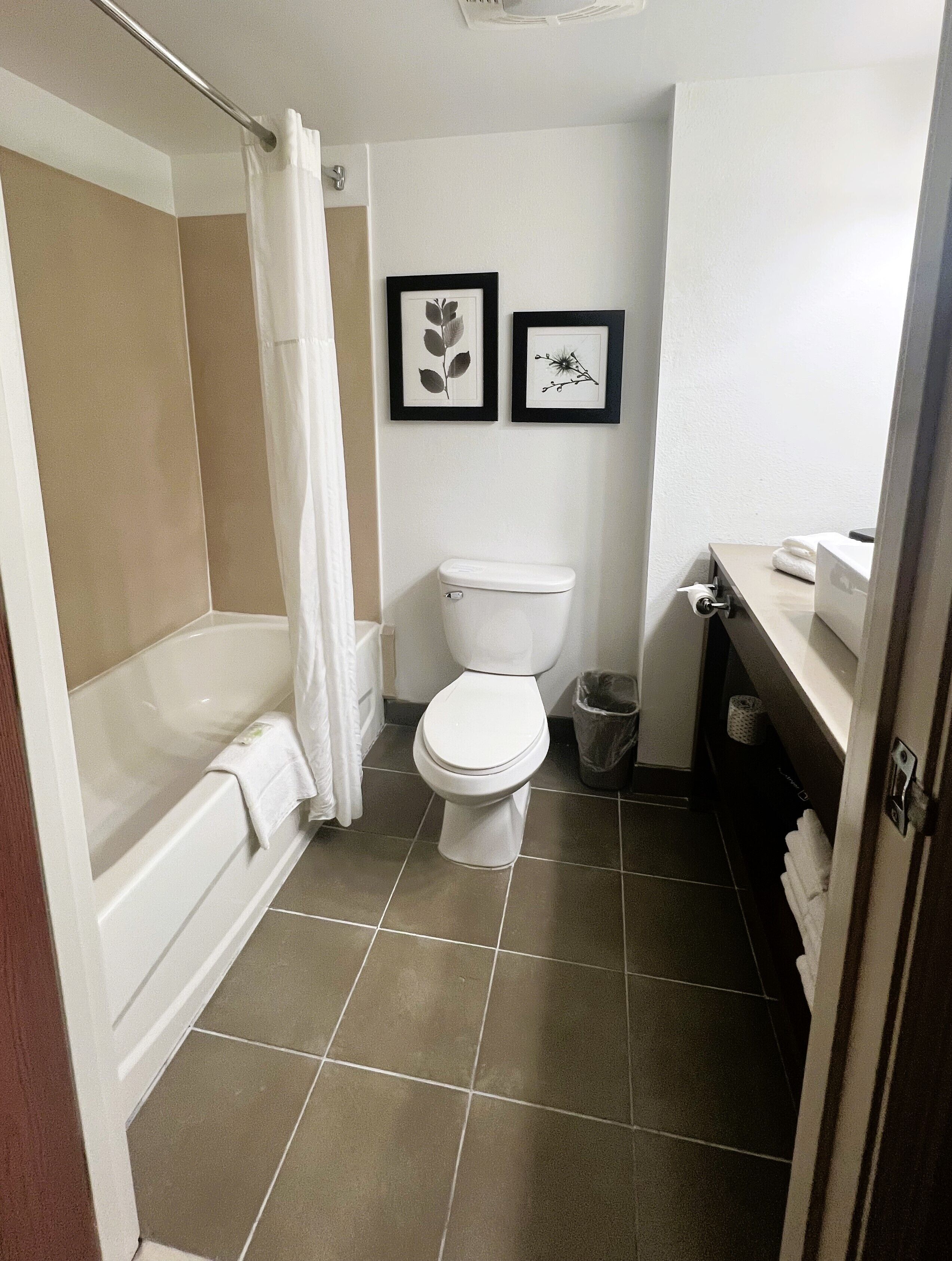 Een badkamer met een bad, toilet en een douchegordijn. Twee ingelijste foto's hangen aan de muur.