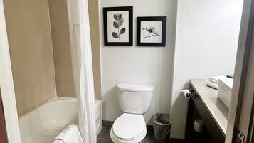 Une salle de bain avec une baignoire, des toilettes et un rideau de douche. Deux tableaux encadrés sont accrochés au mur.