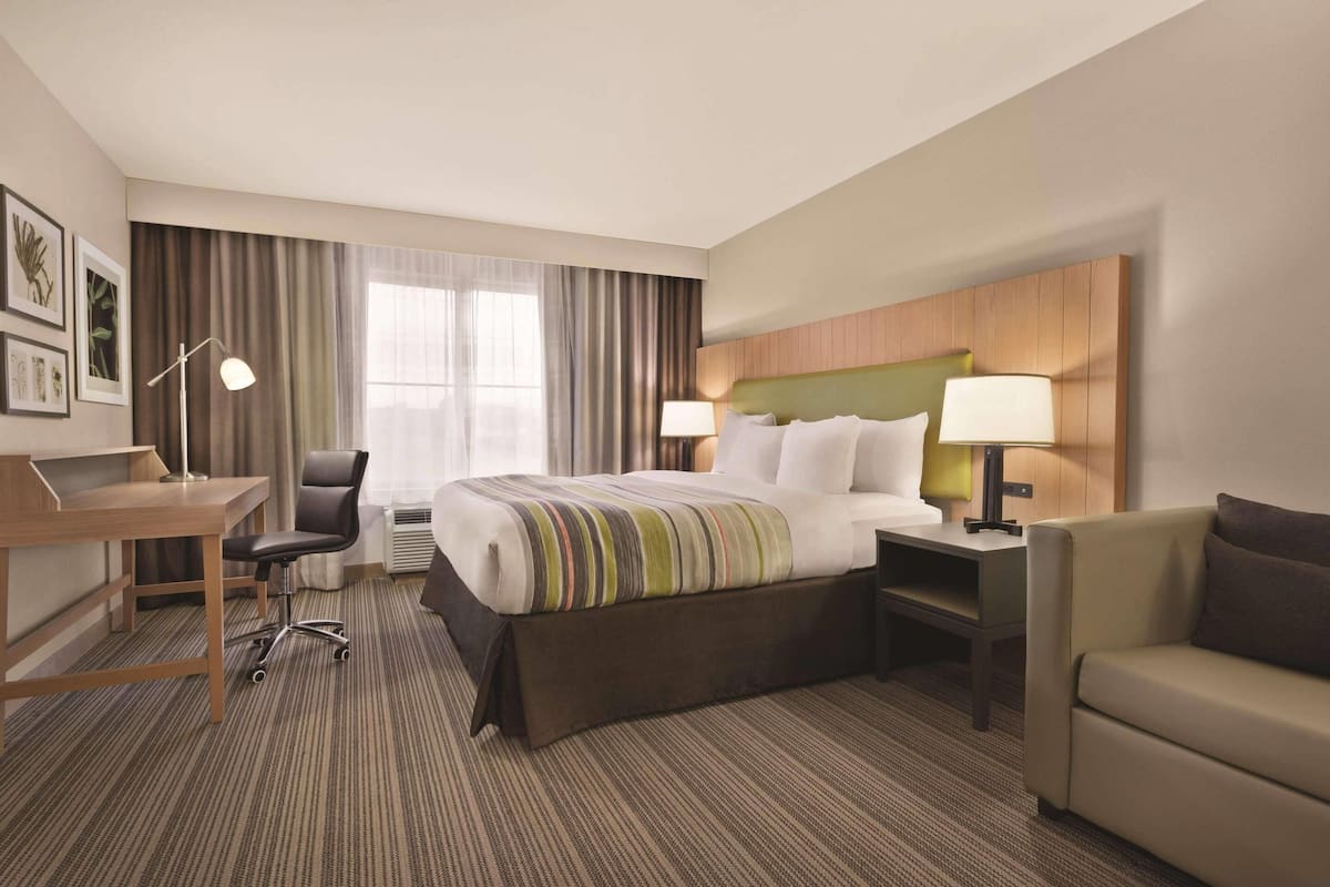 A hotel room with a bed, desk, chair, and a couch.