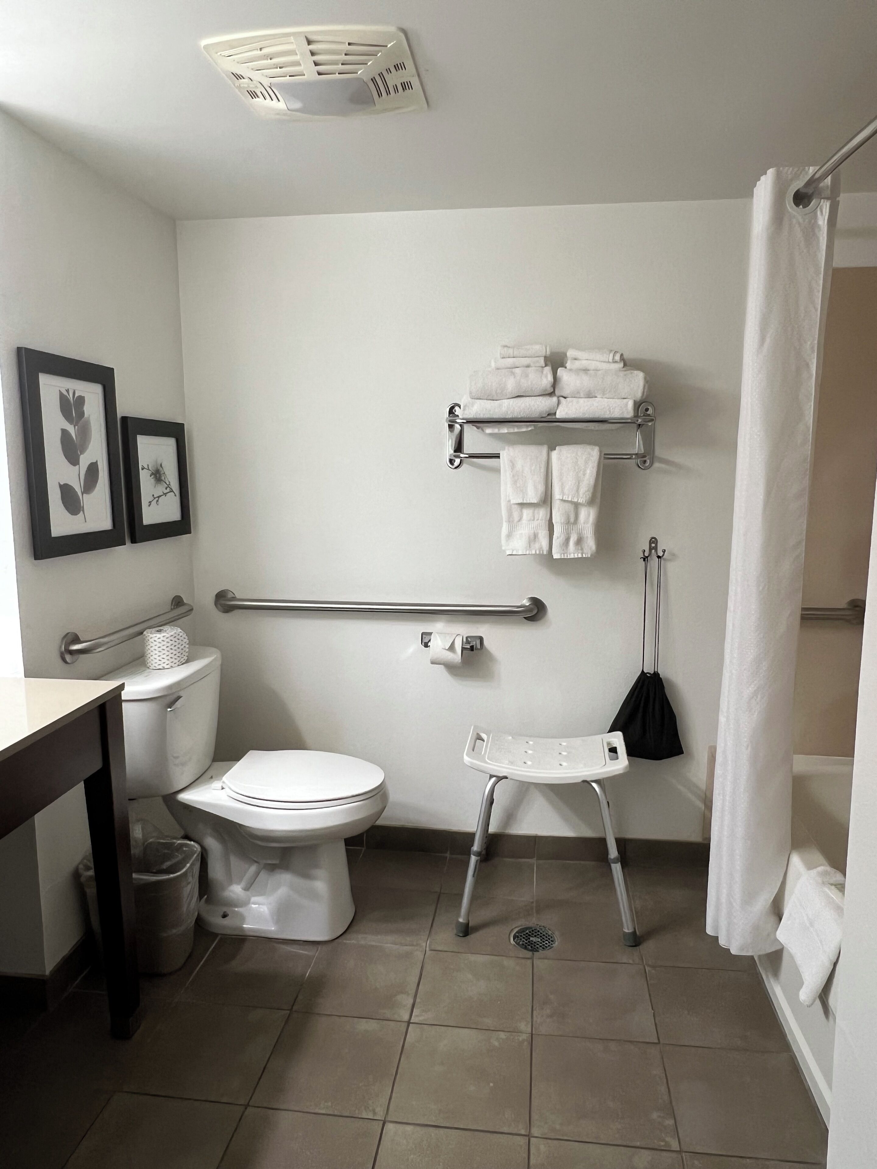 A bathroom with a toilet, a sink, a shower, a grab bar, and a small step stool.