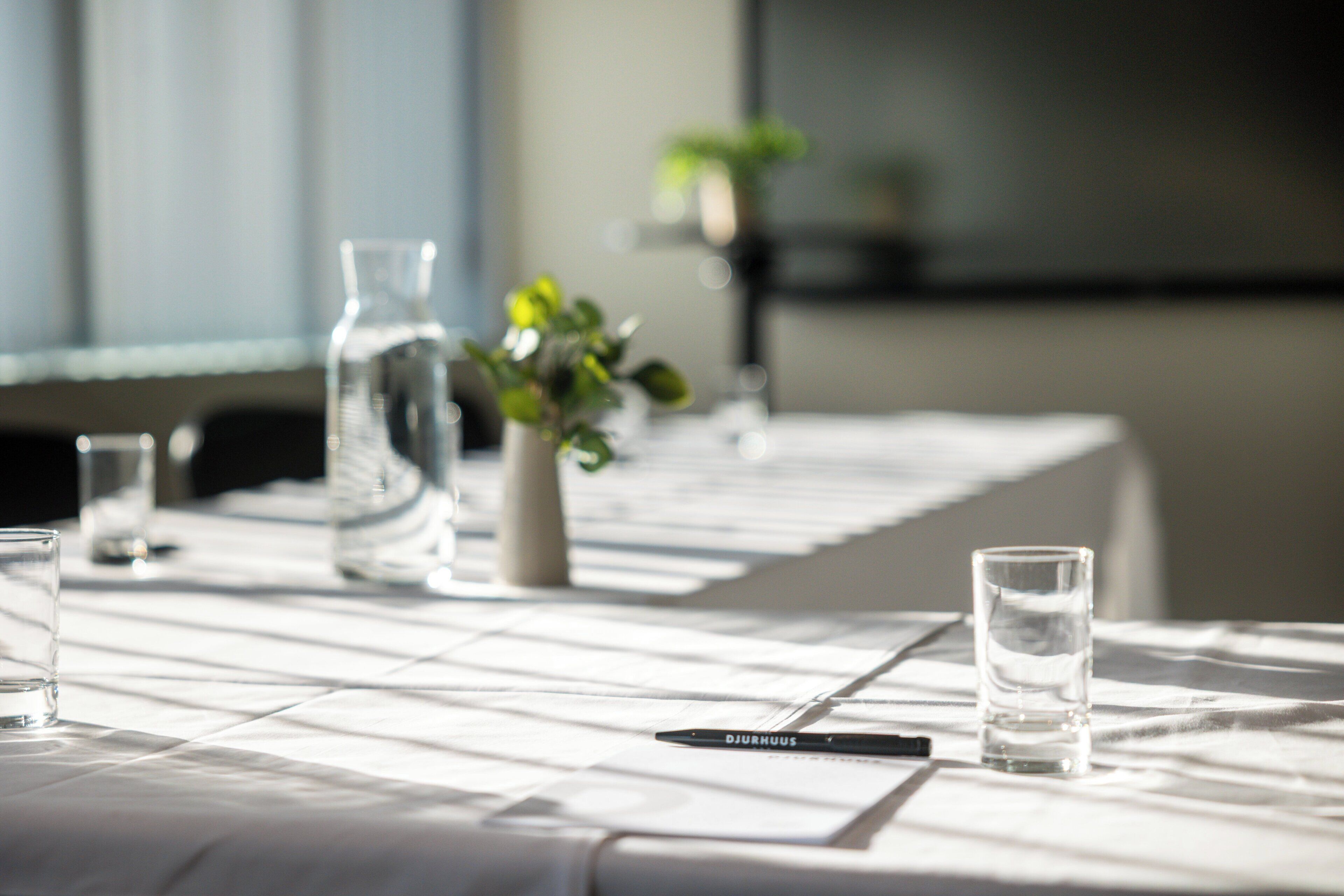 A conference table with water glasses, a pen, and a vase with a plant.