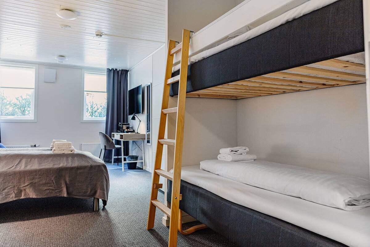 Une chambre avec un lit superposé, un bureau, une chaise et une échelle.