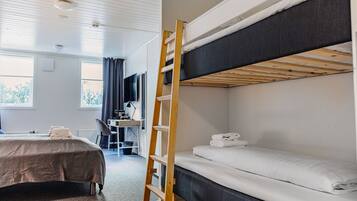 A bunk bed room with a desk, chair, and a ladder.