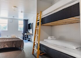 A bunk bed room with a desk, chair, and a ladder.