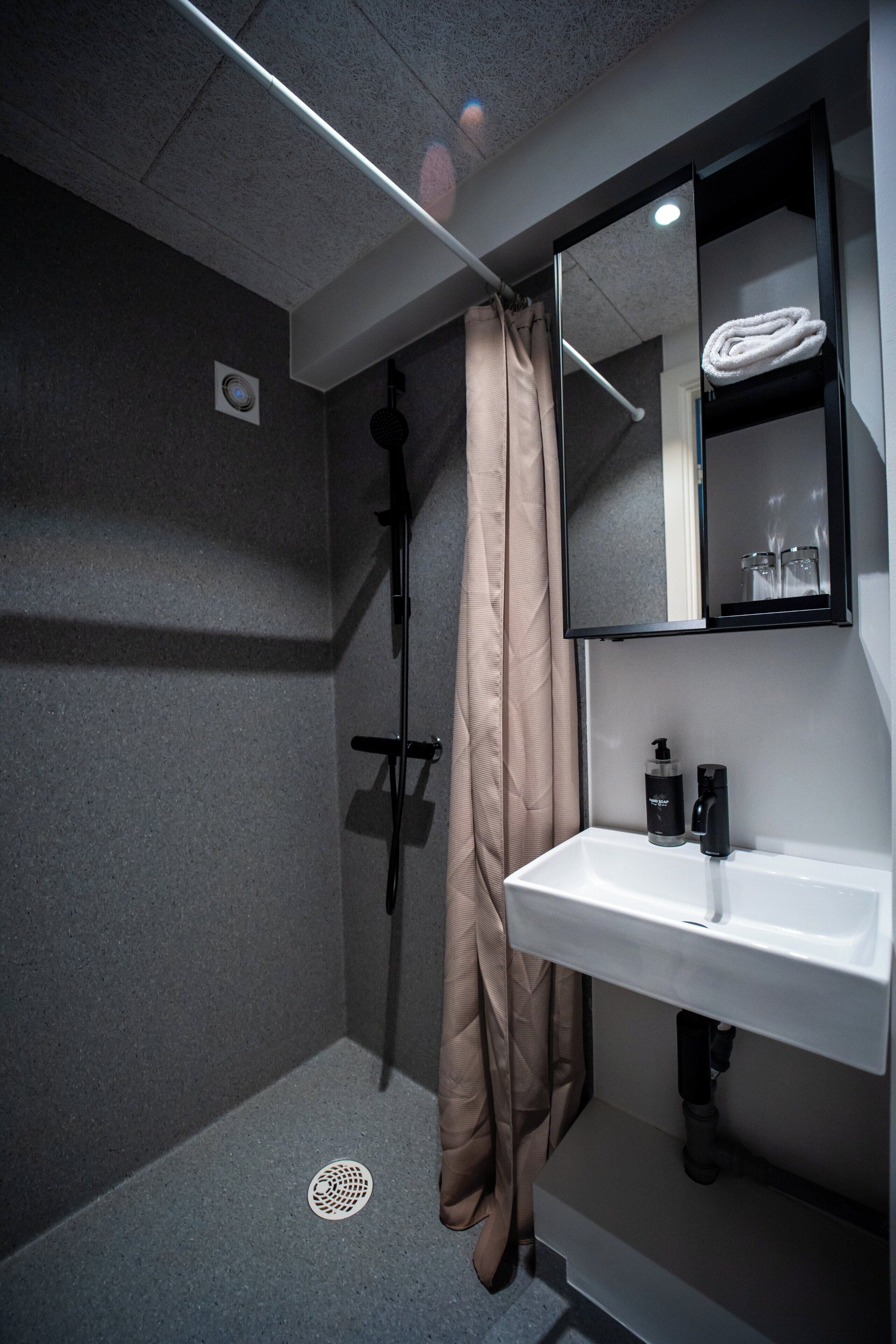 A modern bathroom with a shower, a sink, and a mirror.