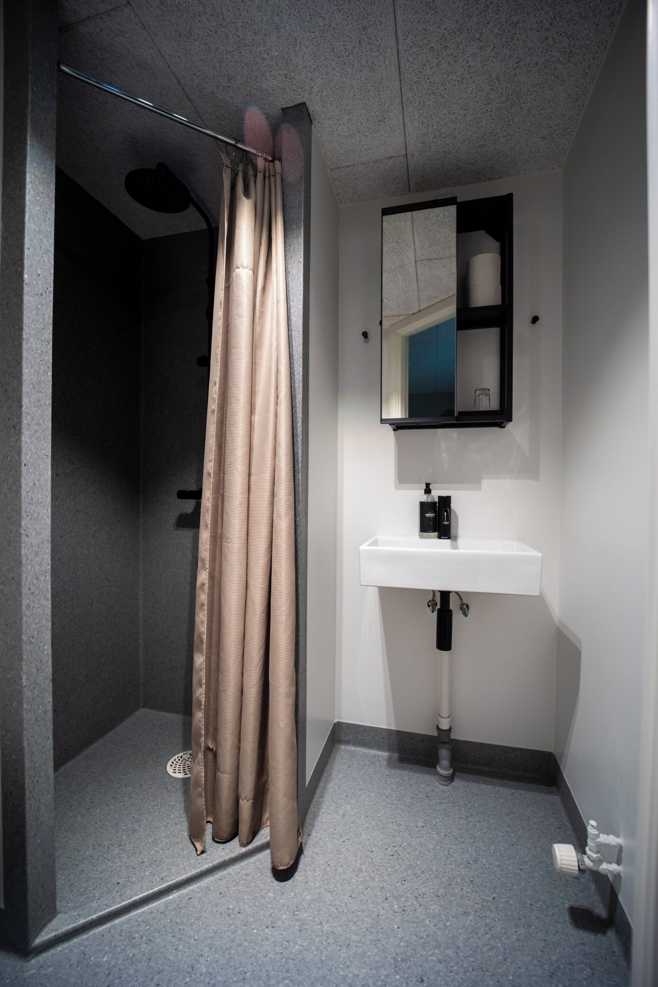 Un baño con cortina de ducha, un lavabo y un espejo.