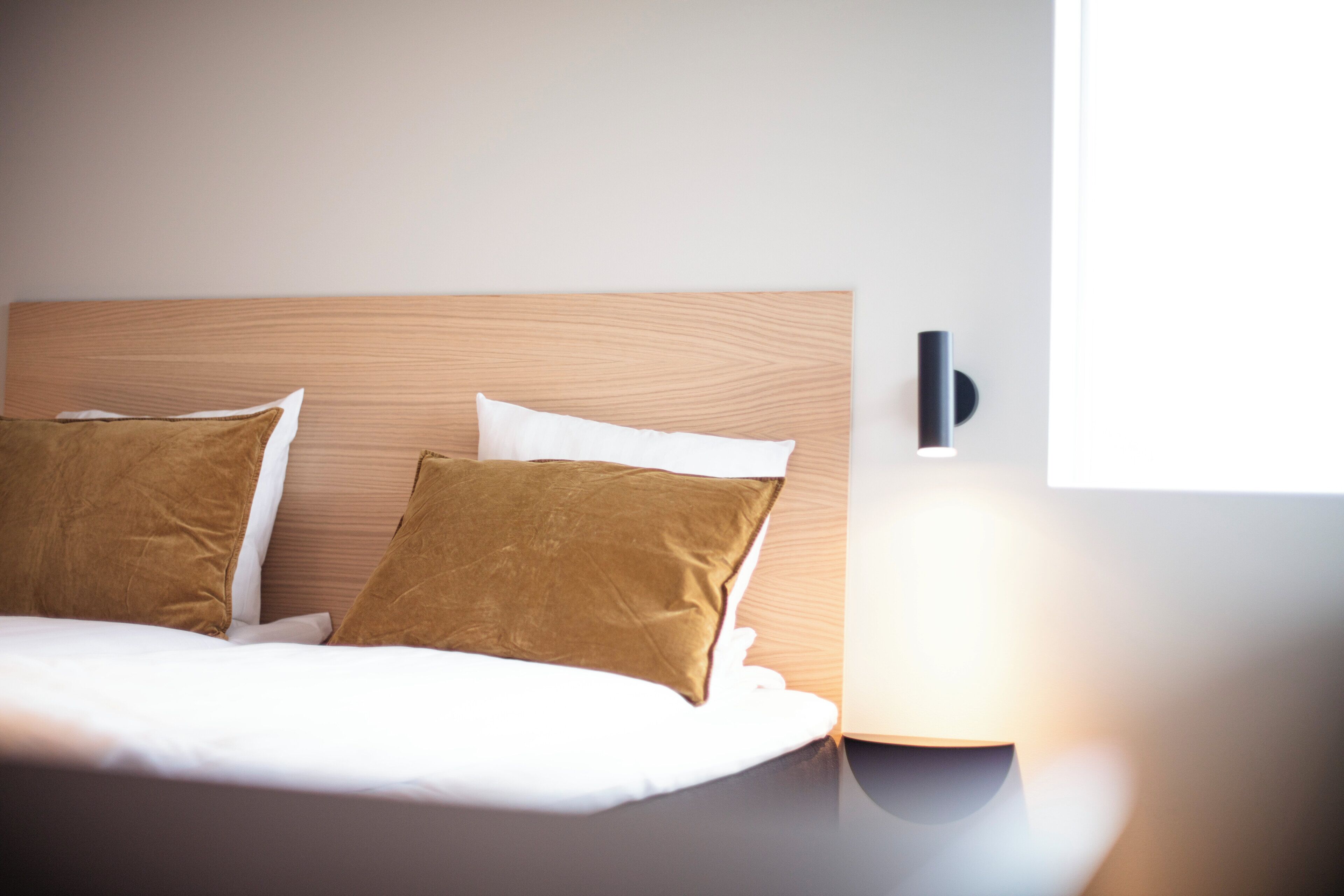 A neatly made bed with two pillows, a wooden headboard, and a wall-mounted light fixture.