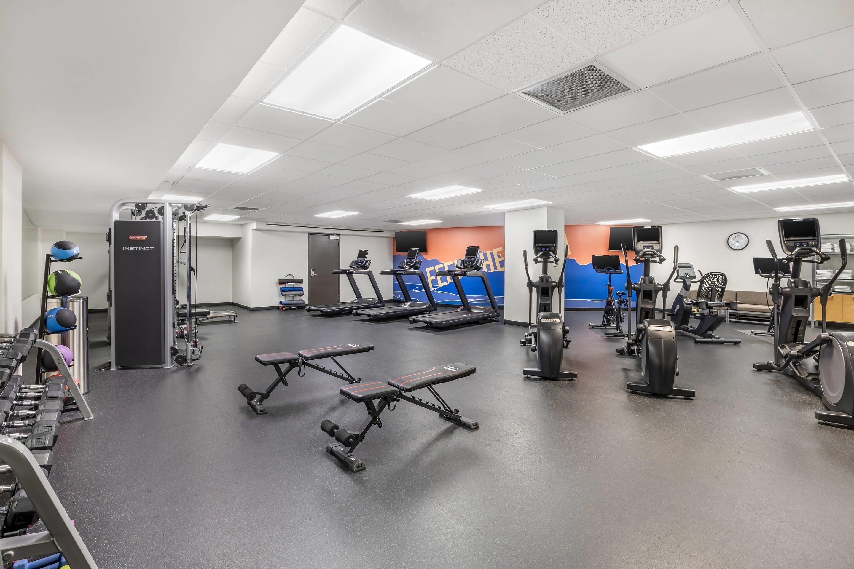 A gym with treadmills, elliptical machines, and weightlifting equipment.