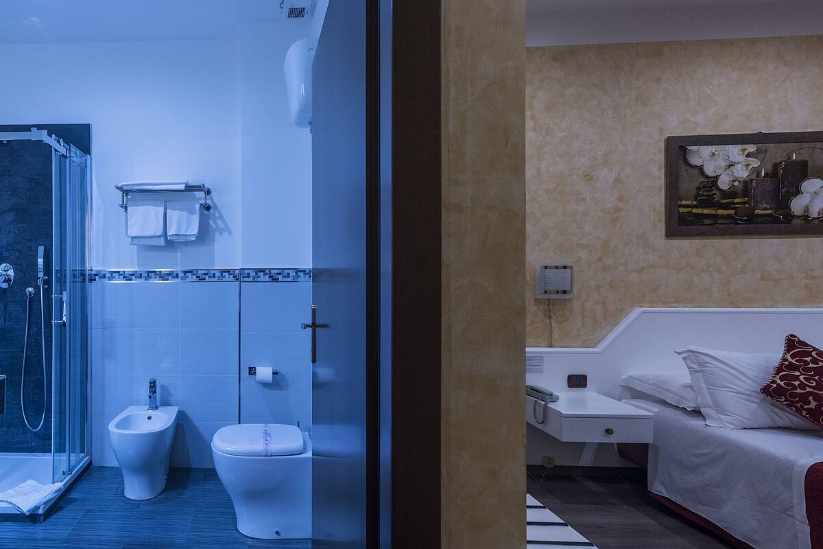 Un bany amb plat de dutxa de vidre, bidet i vàter. L'habitació disposa d'un llit amb roba de llit blanca i dos coixins decoratius.