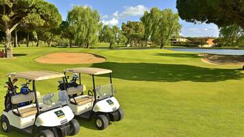 A golf cart with golf bags on a well-manicured golf course with a lake and trees in the background.