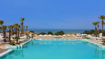 Indoor pool, outdoor pool, sun loungers