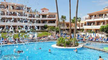 Outdoor pool, pool umbrellas, pool loungers
