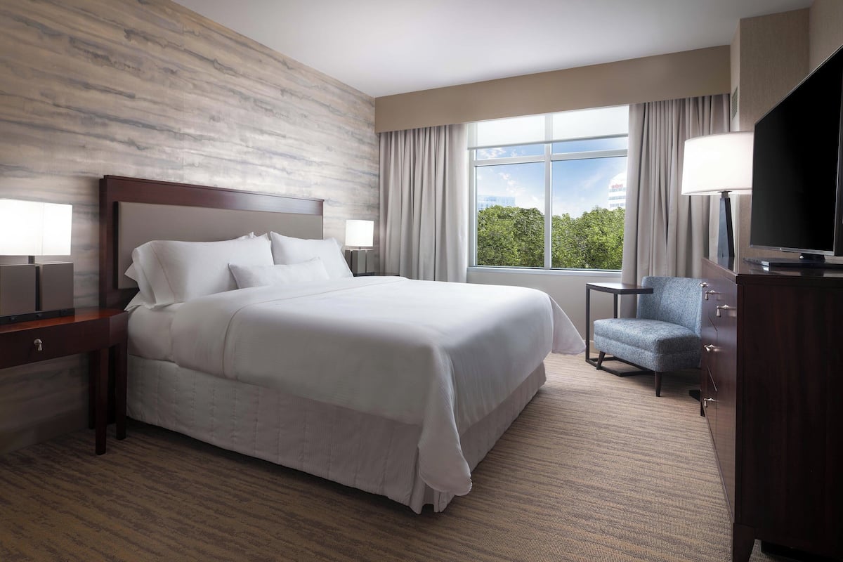 A hotel room with a large bed, two bedside tables with lamps, a TV, a chair, and a view of the outdoors.