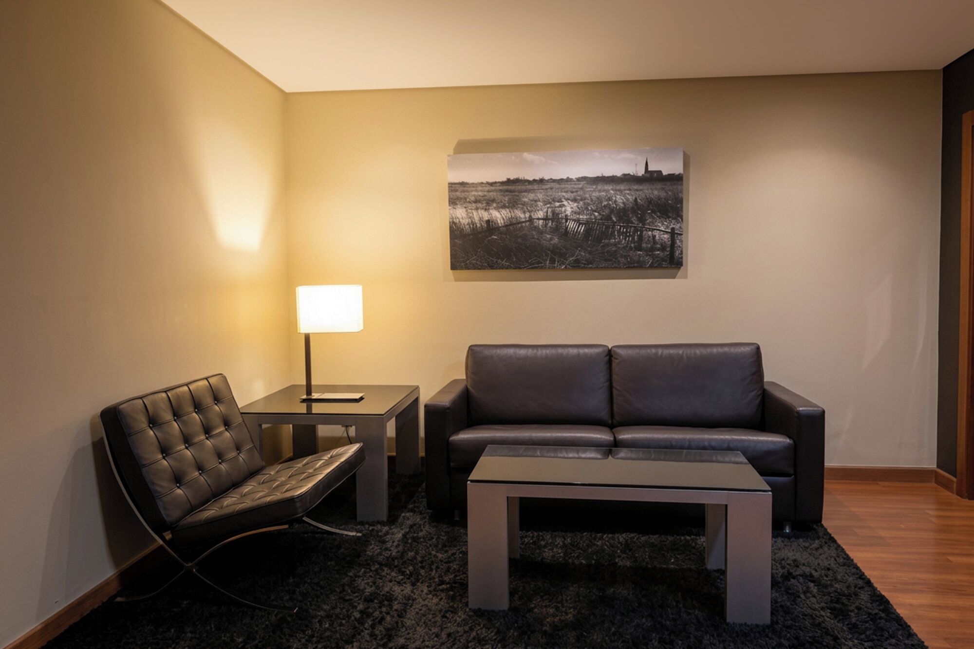 Un salon moderne avec un fauteuil en cuir, un canapé, une table basse, un lampadaire et un tableau en noir et blanc accroché au mur.