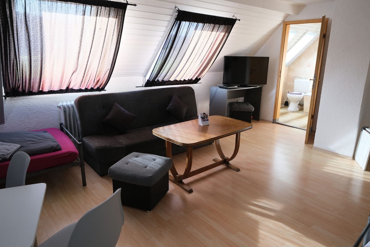 A small, modern room with a sofa, a wooden table, a TV, and a window with sheer curtains.