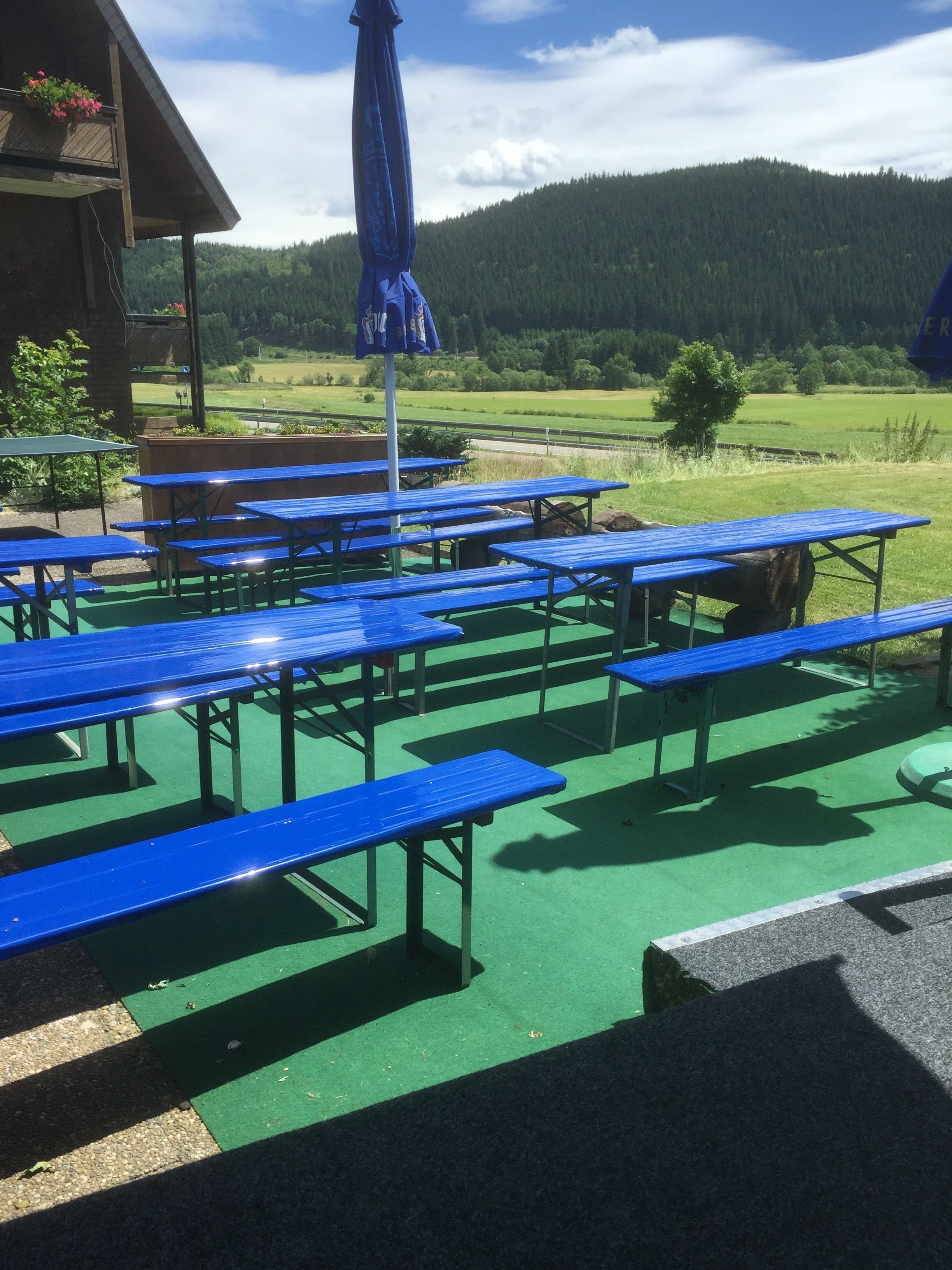 Mesas de picnic al aire libre con superficie verde, dispuestas en filas.
