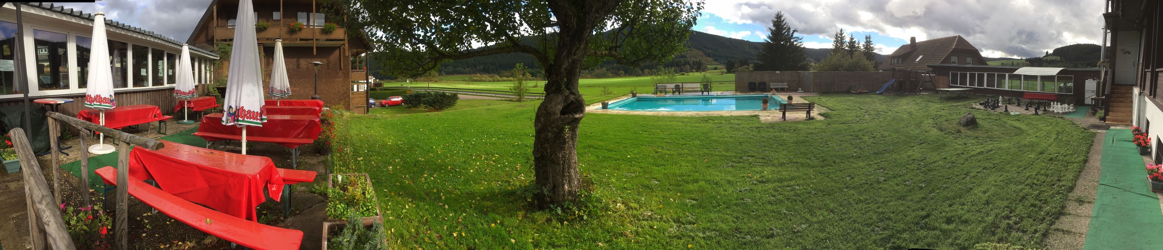 A pool area with a grassy lawn, a tree, and a building with outdoor seating.