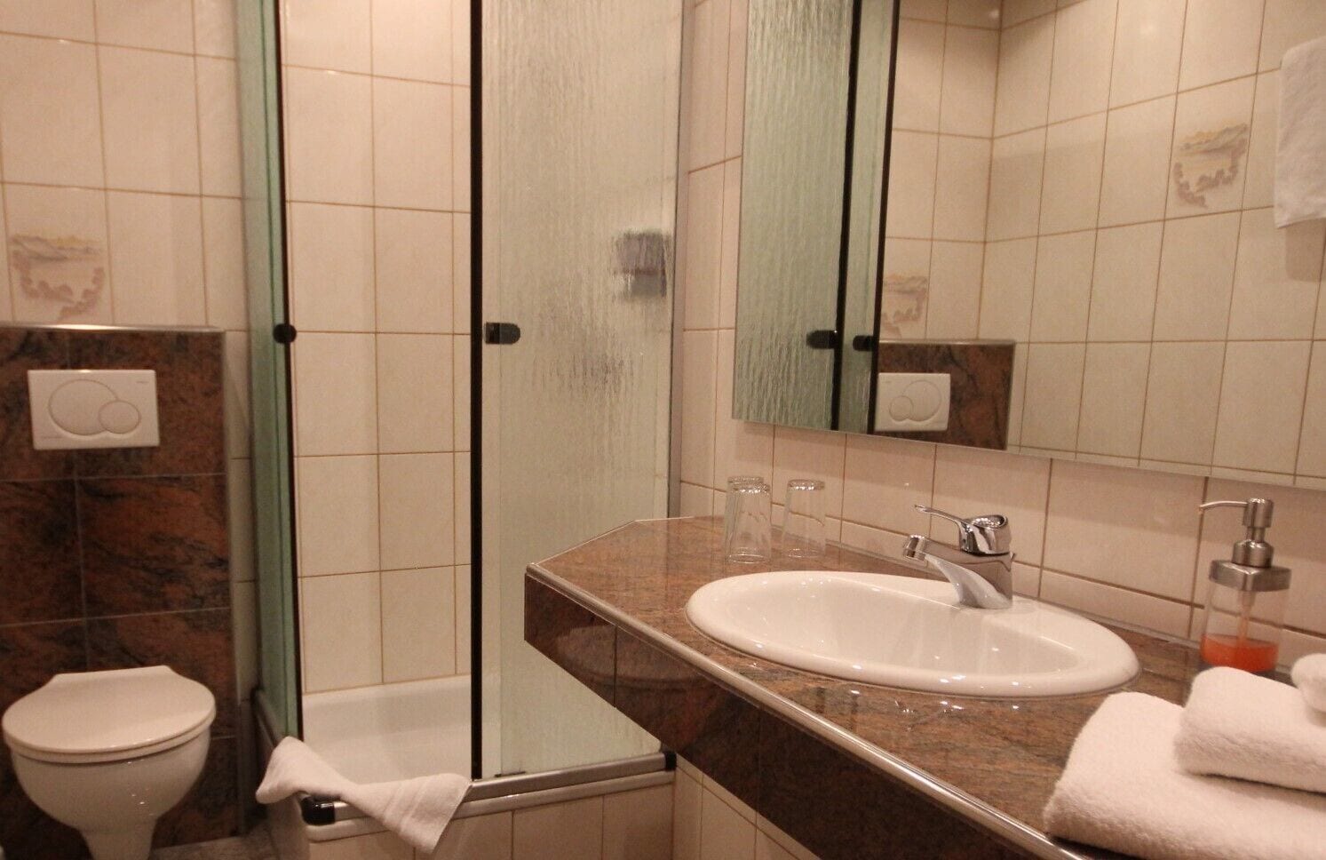 standard double room, 1 king bed | bathroom | hair dryer, towels