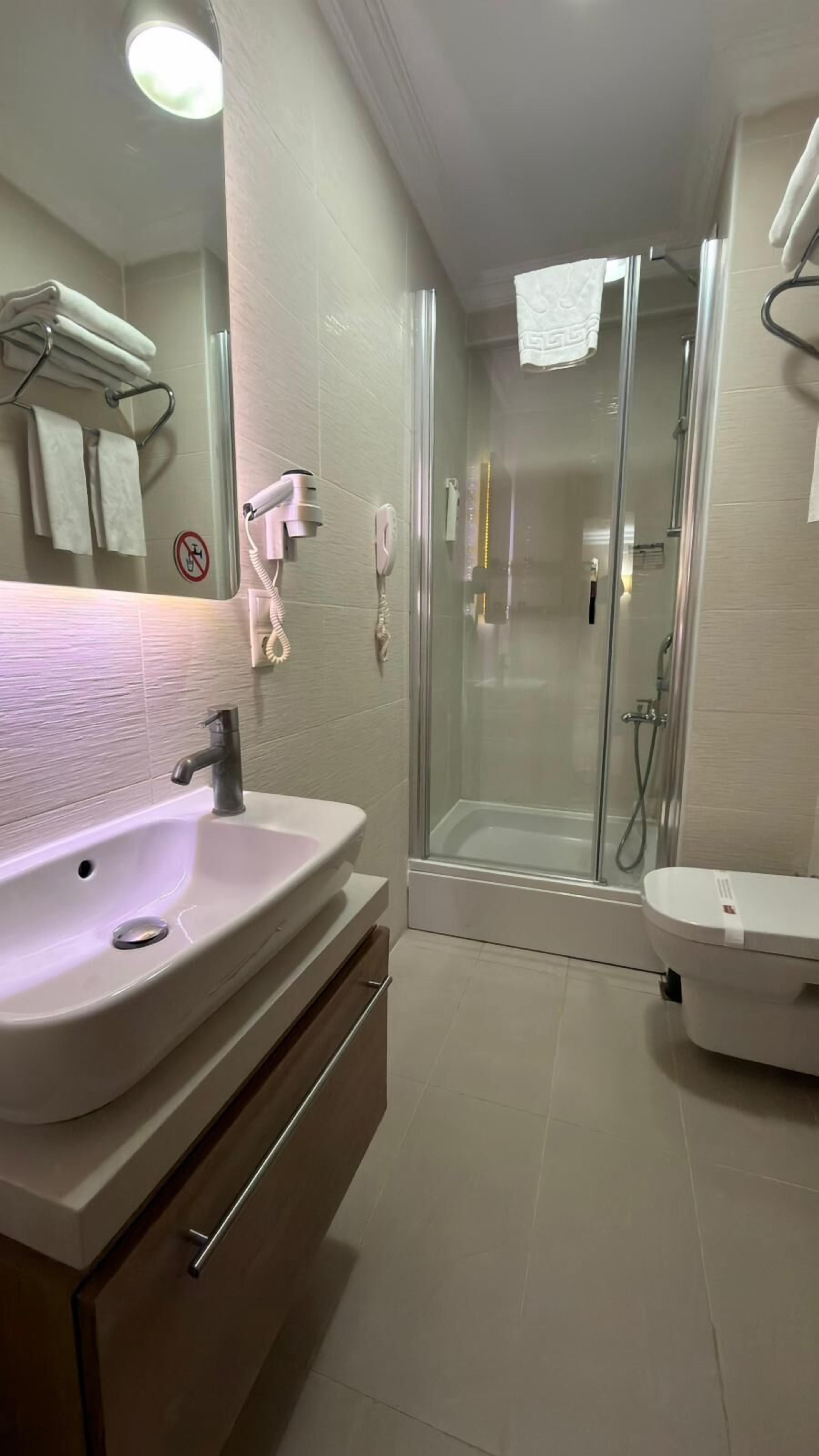 A modern bathroom with a glass-enclosed shower, a sink with a vanity, and a mirror.