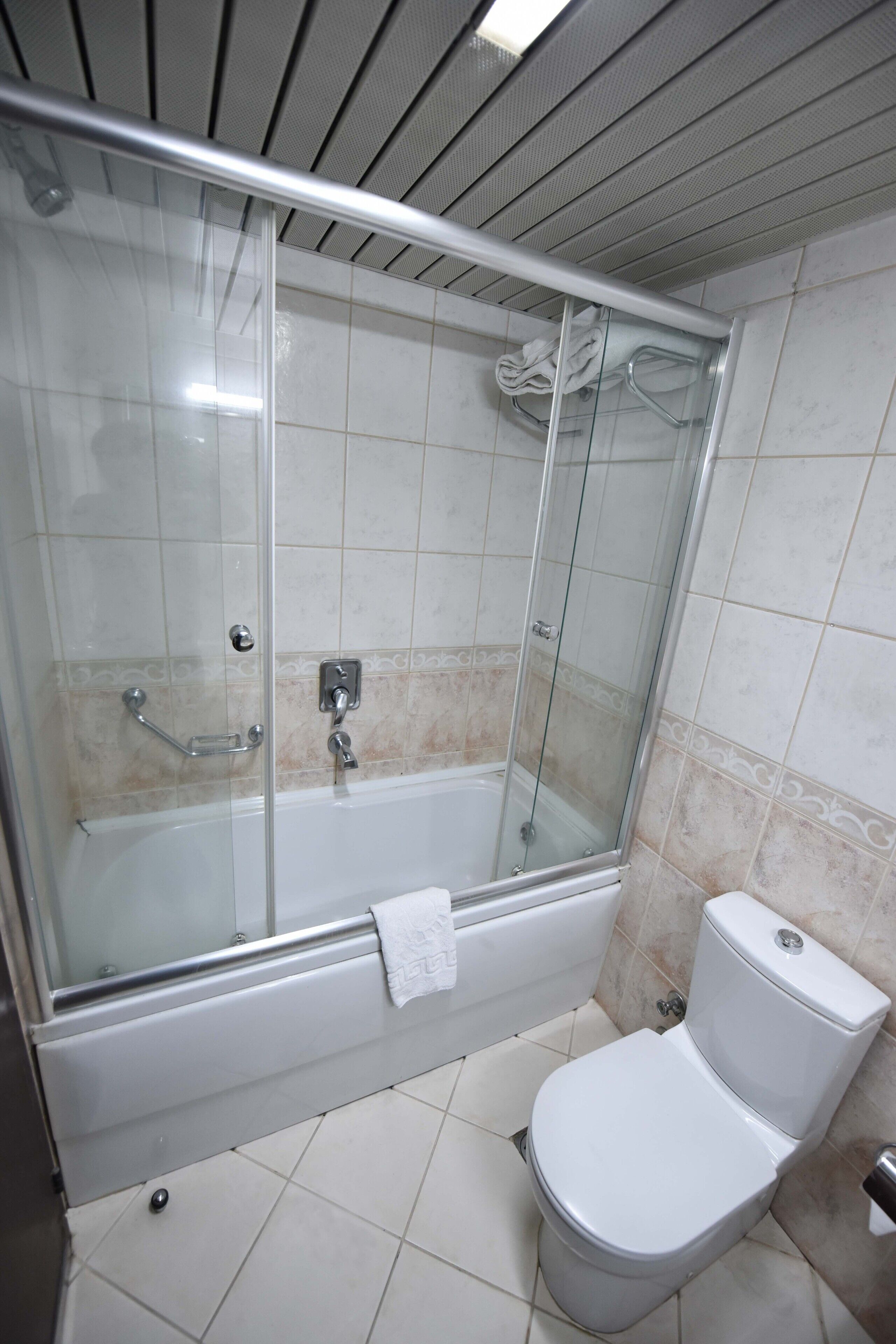 Un baño con ducha acristalada, bañera blanca y un inodoro.