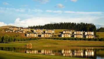 A residential area with multiple two-story houses, a lake, and a forested hill in the background.