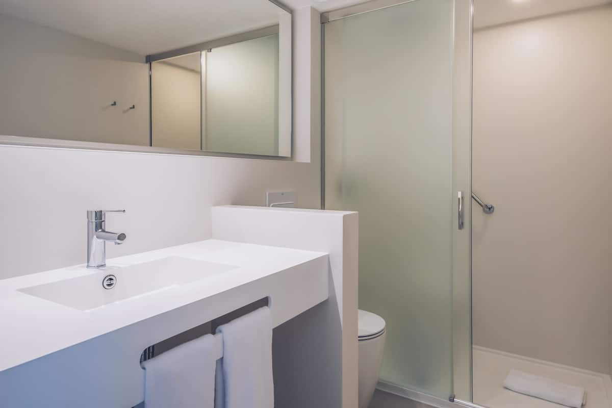 shower, eco-friendly toiletries, hair dryer, towels