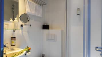 A modern bathroom with a glass shower enclosure, a white sink, a toilet, and a mirror above the sink.