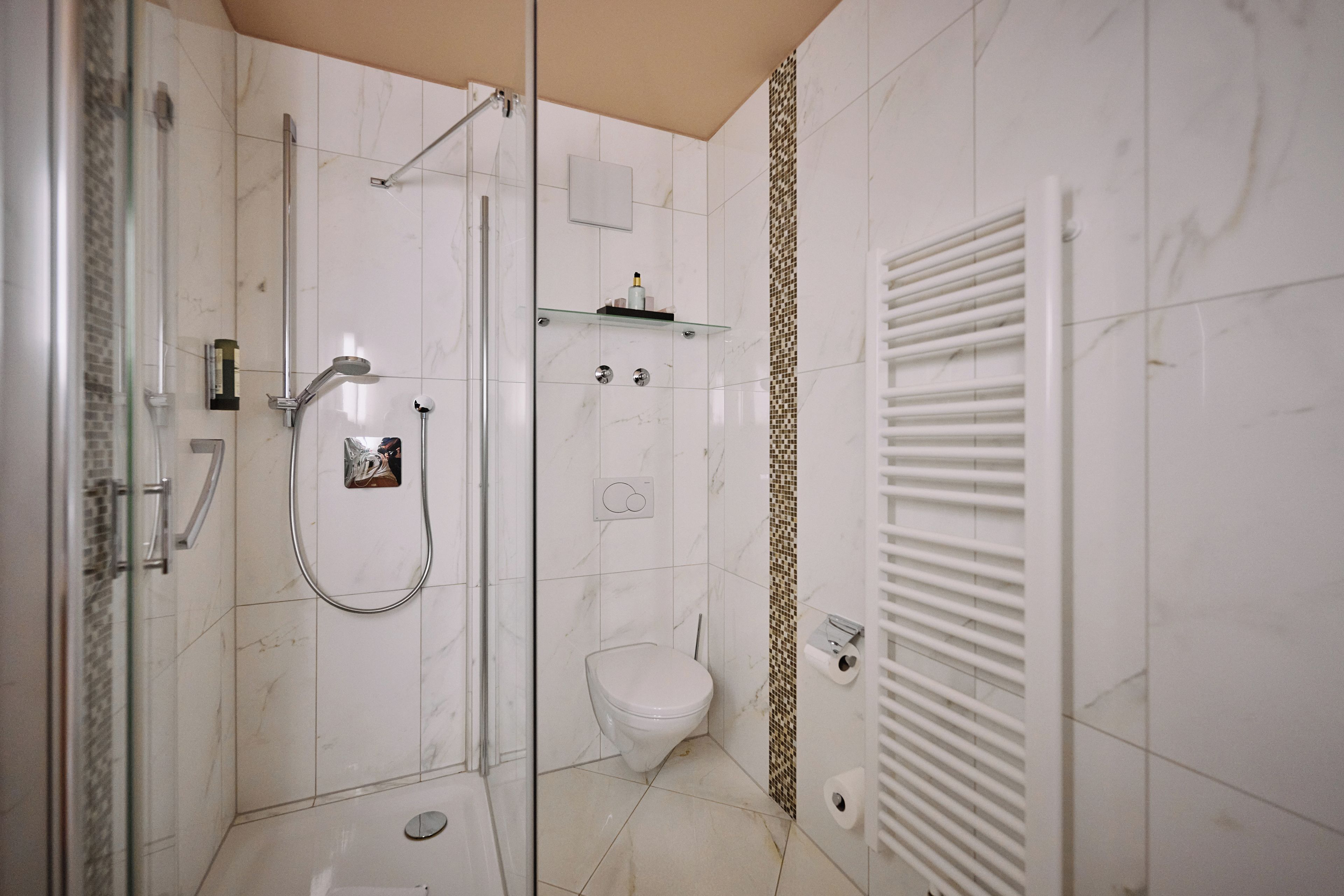 Un baño con ducha envuelta en vidrio, inodoro y perchero para toallas.